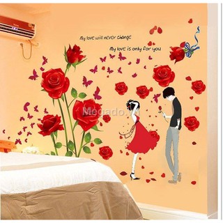 combo 2 tấm deacal dán tường hoa hồng kết hơpự đôi uyên ương