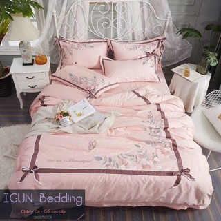 Bộ chăn ga cưới HOA ANH ĐÀO HỒNG set chăn ga cưới 6 món LỤA THÊU COTTON ORIGINAL 100% Hàn Quốc