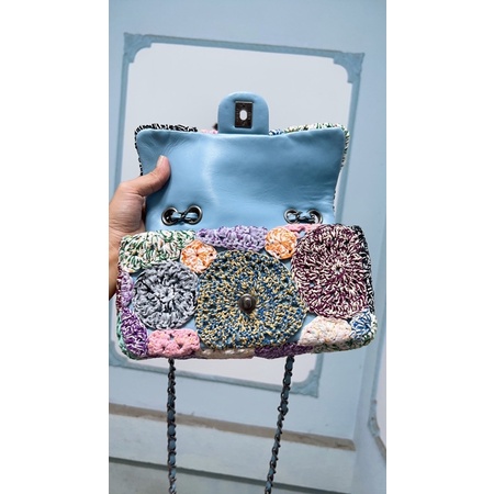 Thanh lý Túi cn classic da thật phối len đan thủ công size 25