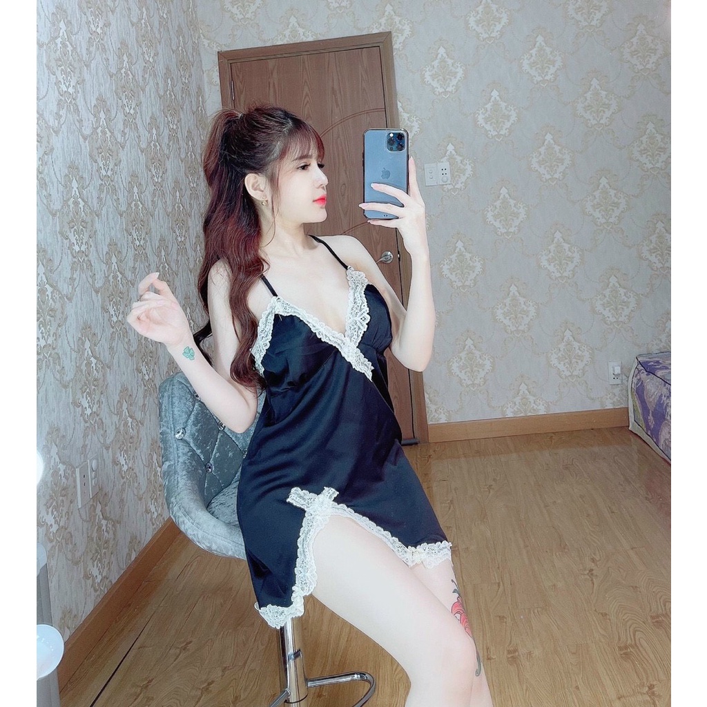 Đầm ngủ 2 dây phối ren xẻ đùi, lụa Satin cao cấp mềm mại, kèm quần đùi gợi cảm, freesize dưới 65kg - SHOP HUYỀN TRANG