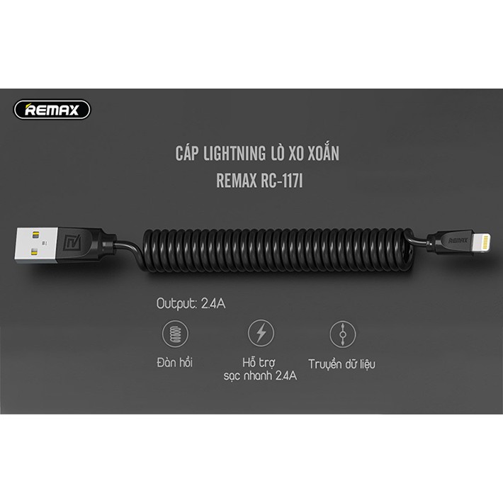 Cáp Lò Xo Xoắn Lightning, Micro USB, TYPE C -Remax RC-117 -Hàng phân phối chính hãng-Bảo Hành 12 Tháng