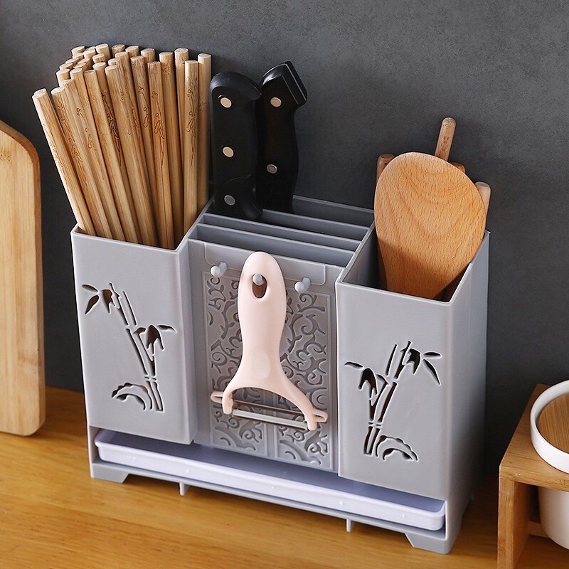 [QUÁ ĐẸP]Ống giá đựng cắm đũa, muỗng, dao, kéo - Khay kệ để đồ nhà bếp có khay hứng cao cấp hình trúc sang trọng