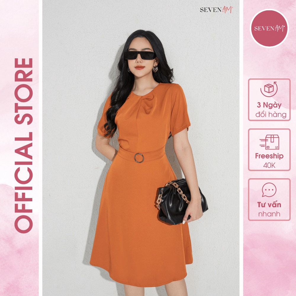Đầm Xòe Seven.Am Tay Cộc Chất Thô Màu Vàng Bò Cói Đai Eo Thiết Kế Cổ Xoắn FH633088