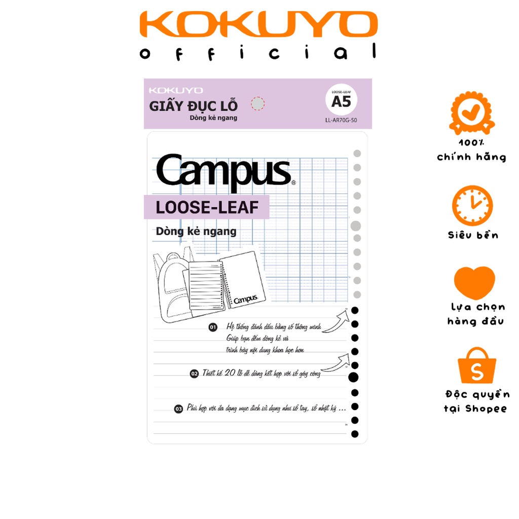 Giấy Refill Thay Lõi Cho Còng Binder Campus Loose Leaf Túi 50 Tờ Đơn Khổ A5