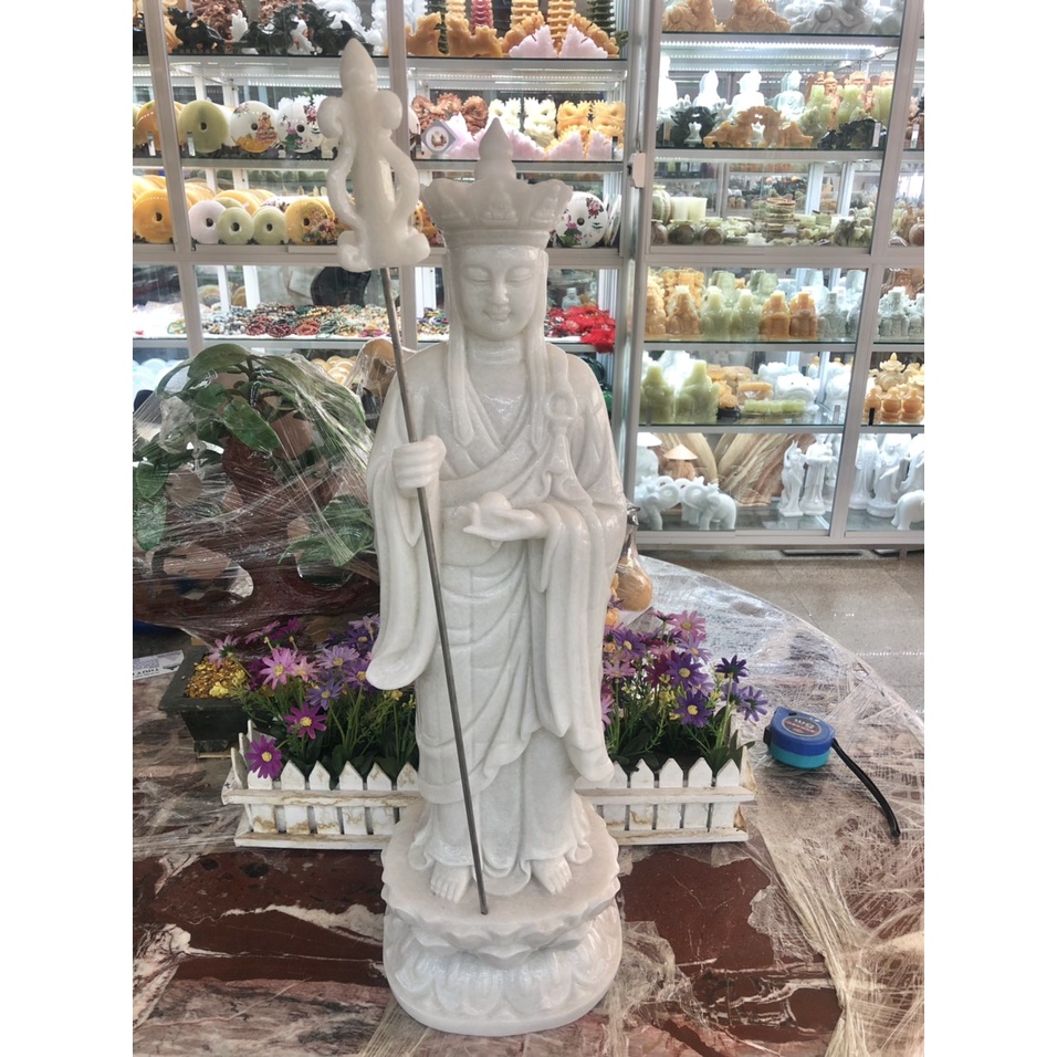 Tượng địa tạng vương bồ tát đứng đài sen đá trắng - Cao 64 cm