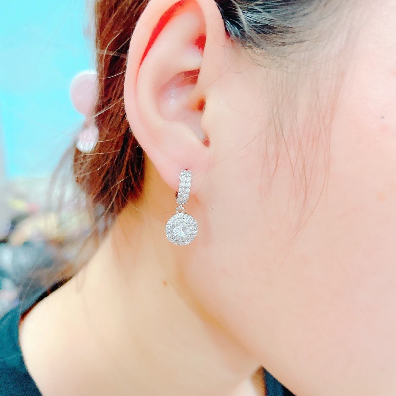 Bông tai 2 hàng đá hột tròn mạ bạch kim