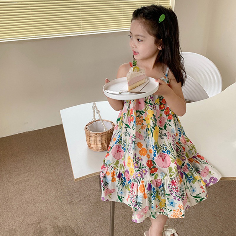 Đầm Công Chúa Hai Dây Họa Tiết Hoa Thời Trang Mùa Hè Cho Bé Gái