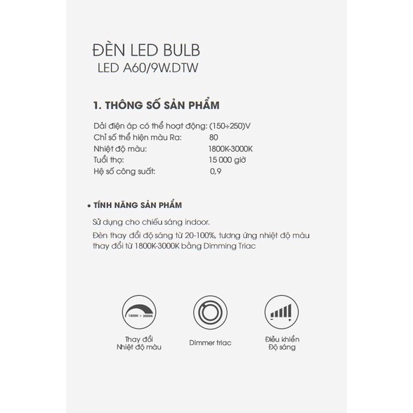 Bóng đèn LED Bulb 9W Dimmer Rạng Đông A60.DTW/9W, tăng giảm độ sáng nhiệt độ màu sáng thay đổi