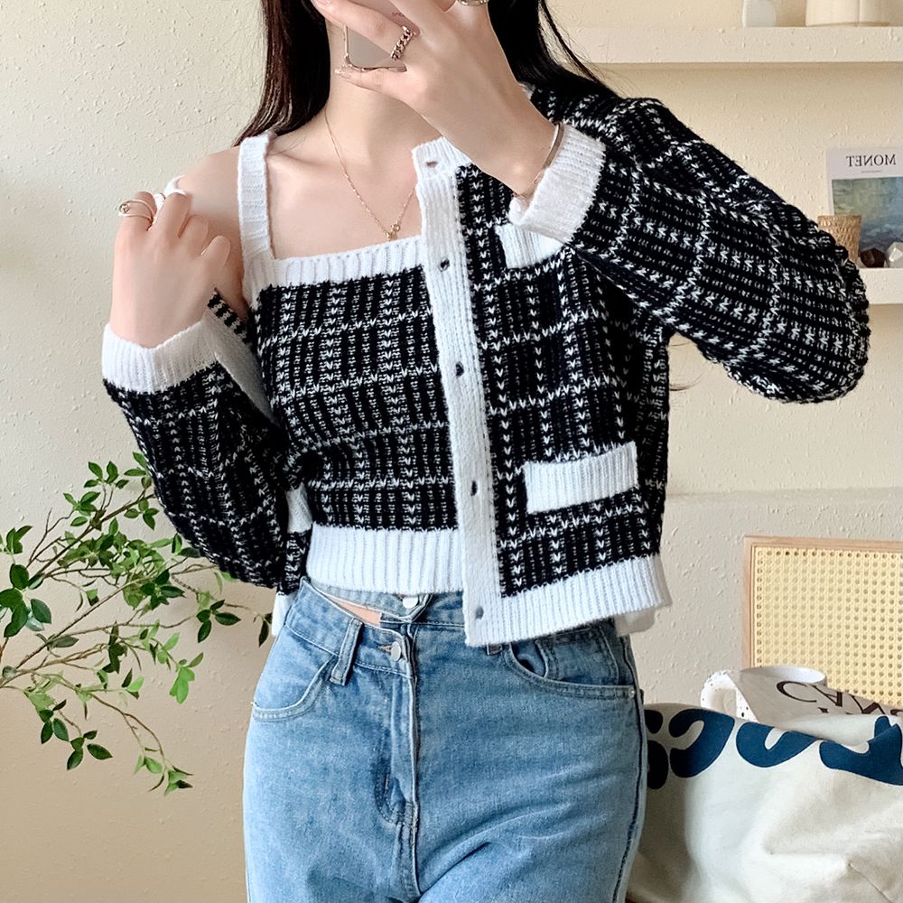 Áo len kẻ sọc croptop hai mảnh áo khoác cardigan dáng dài dệt kim