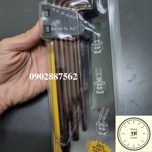 Bộ lục giác đầu bông mai 9 chi tiết crossman thép xi nâu cao cấp (T10-T50)