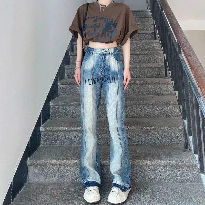 Jiashucheng Quần Jeans Nữ Ống Loe Lưng Cao Thêu Hoa