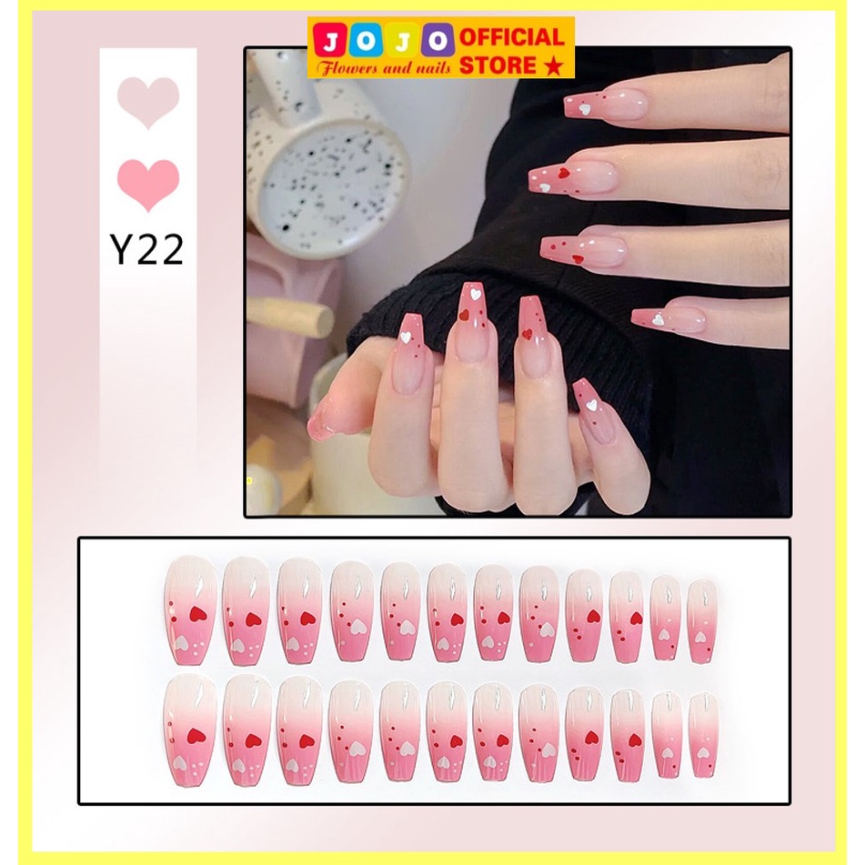 Set 24 móng tay giả Y22 màu hồng dáng vuông dài họa tiết trái tim kèm keo dán tại nhà