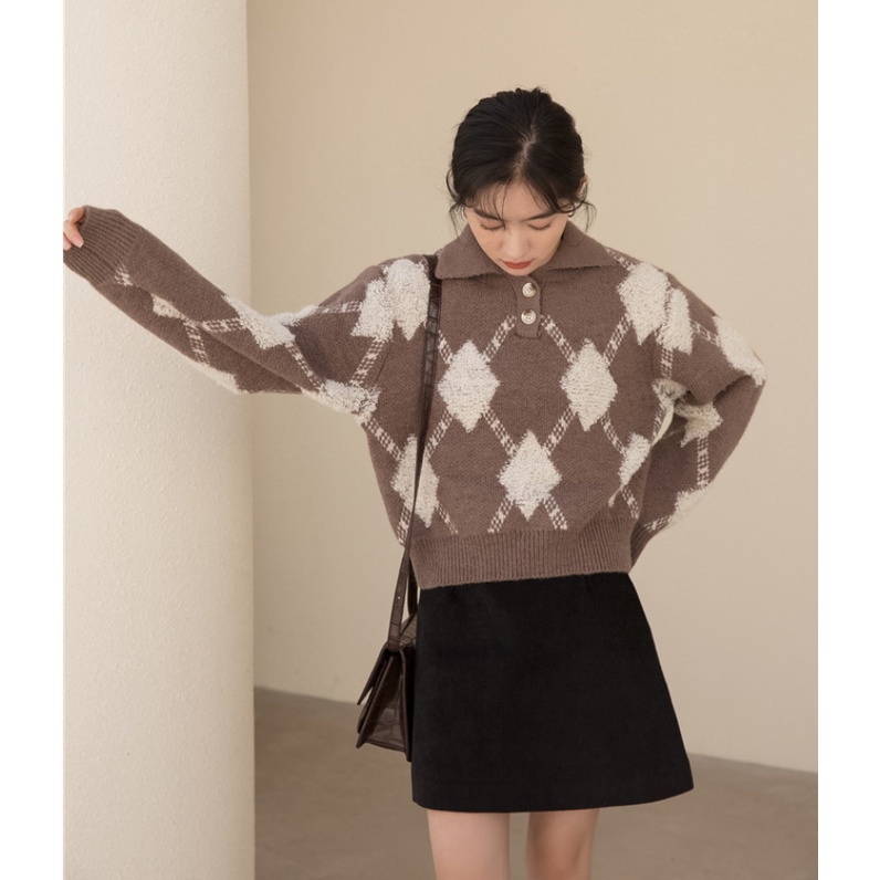 QADCOL  Áo dệt kim mềm mại cổ polo họa tiết caro thời trang dành cho nữ