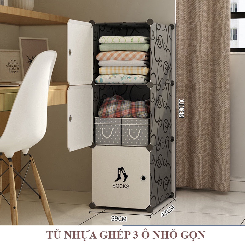 Tủ Nhựa Lắp Ghép 3 Ô Đựng Quần ÁO, Vật Dụng Cá Nhân, Decor Phòng, Tủ Ghép Thông Minh, Lắp Ghép Dễ Dàng
