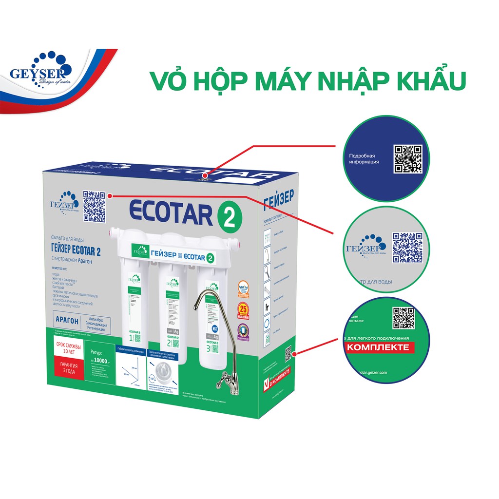 Máy lọc nước Nano Geyser Ecotar 2 - Tặng kèm 1 cốc lọc thô và 2 lõi PP - Nhập khẩu Nga - Bảo hành chính hãng 3 năm