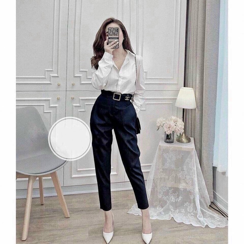 Quần baggy tay nữ cạp cao kèm đai ghim cài siêu hót_09