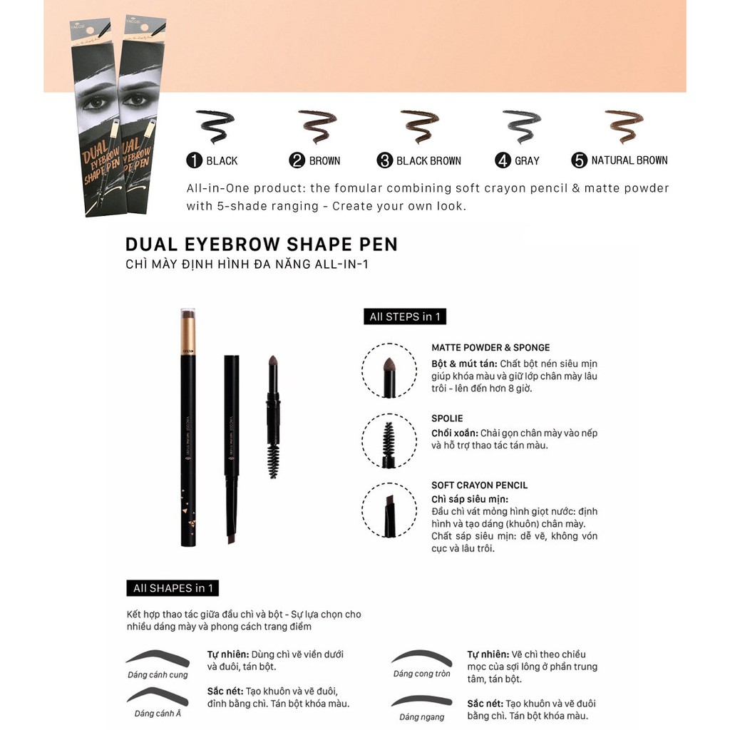 [Chính Hãng] Bộ Phấn mắt phối 3 màu Vacosi Eyeshadow 5g Chì Kẻ Mày Đa Năng Vacosi Dual Eyebrow