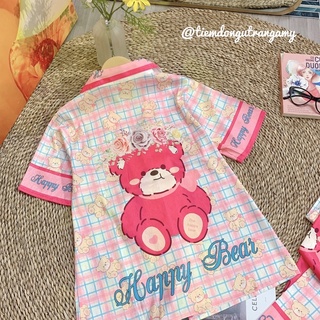 Set Pyjama Lụa Xước Ánh Kim Gấu Dâu Hồng