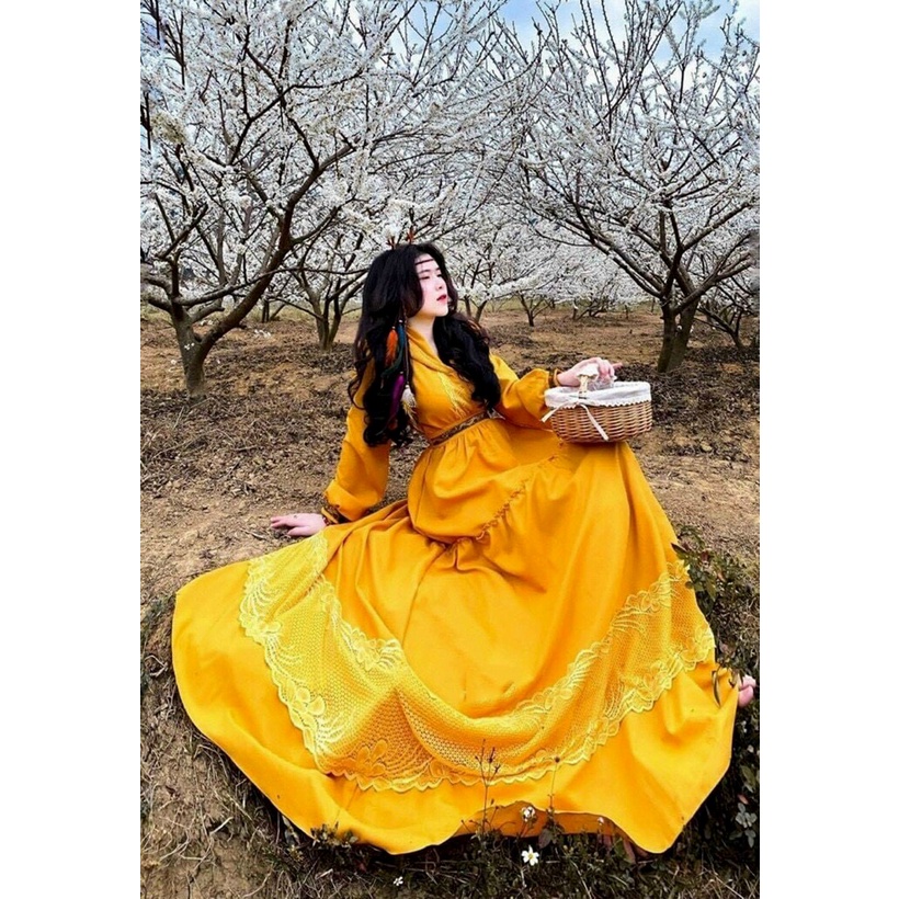 Đầm váy maxi nữ thổ cẩm BOHO đi biển họa tiết ren chân váy xẻ tà kèm mũ che đầu phong cách XUKA-DRESS chất Lụa siêu đẹp
