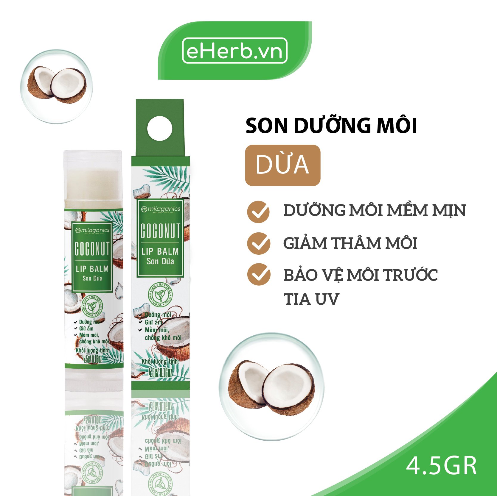 SON DƯỠNG MÔI DỪA DƯỠNG ẨM, GIẢM THÂM MÔI MILAGANICS 4.5G