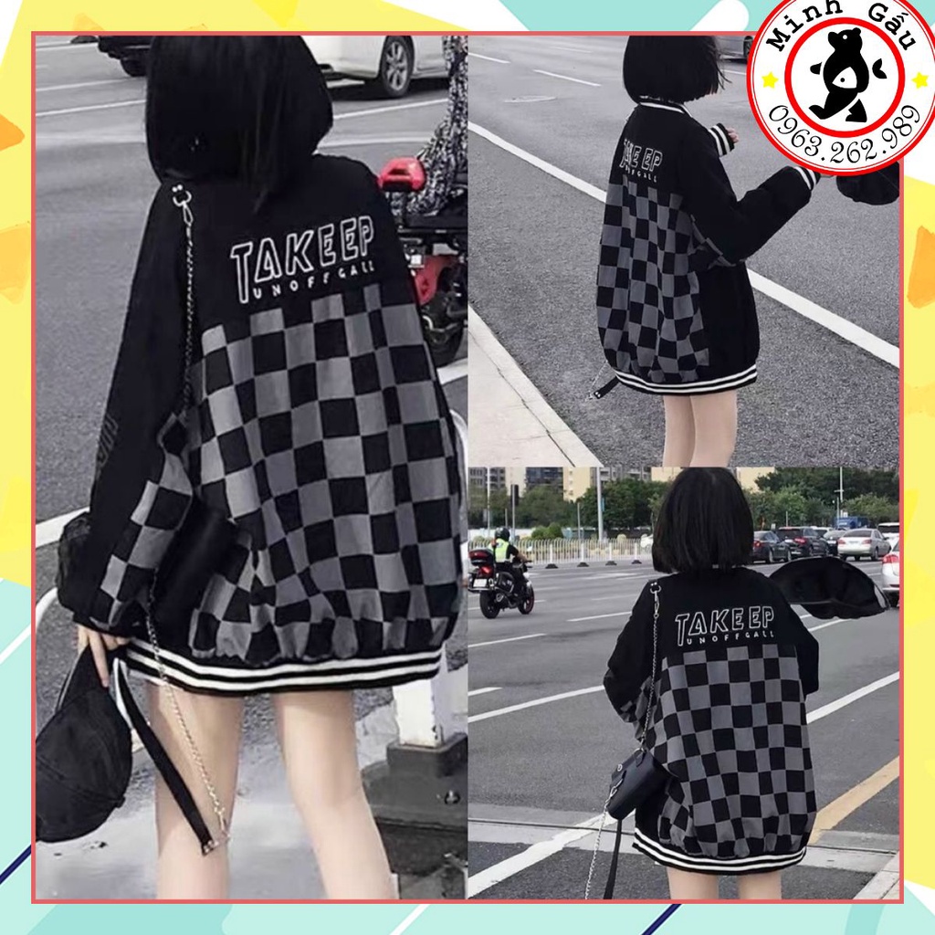 Áo khoác bàn cờ chất nỉ ngoại dầy đẹp from to nam nữ mặc được, bomber cúc đóng, takken