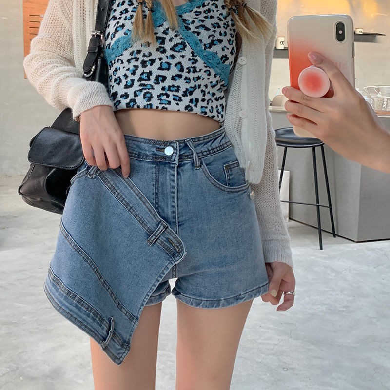 Quần short denim giả váy lưng cao dáng ôm thời trang mùa hè phong cách mới cho nữ 2021
