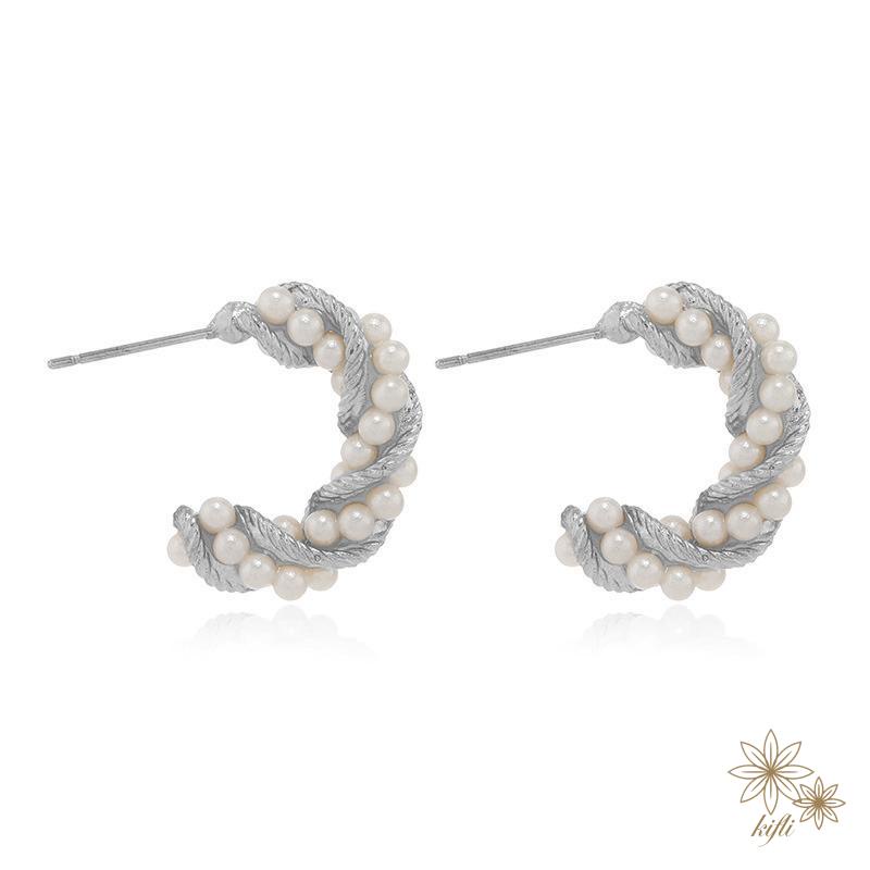 【kifli】Khuyên tai nữ hình chữ C đính ngọc trai thời trang