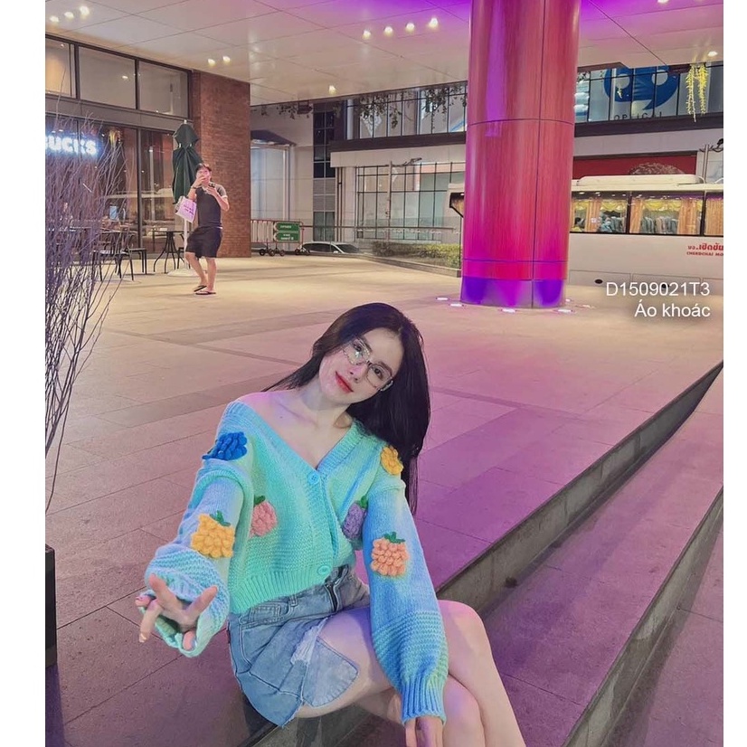 Áo khoác len cardigan phối hình dứa nổi gài nút cổ tim tay dài hàng QC!
