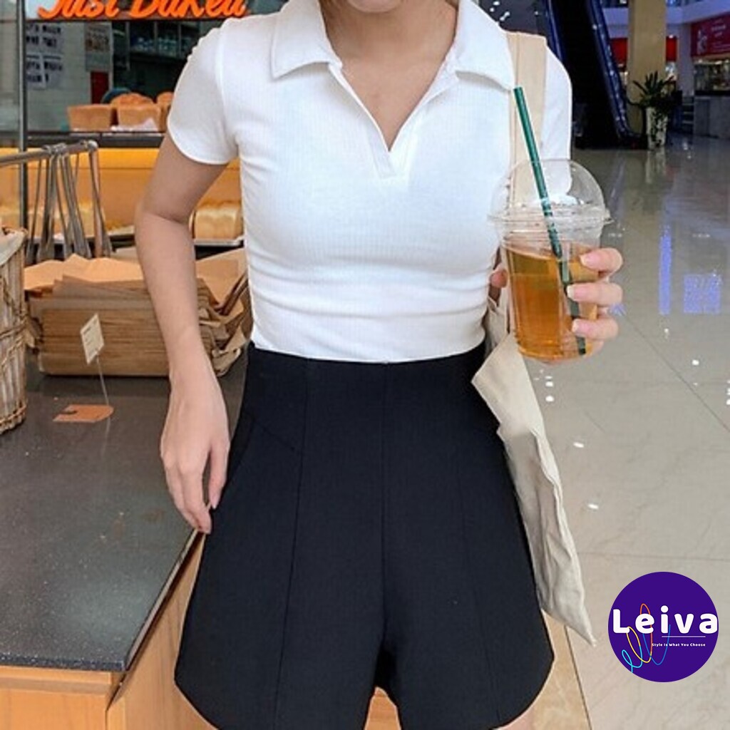 Áo croptop nữ kiểu ôm có cổ tay ngắn, Áo polo nữ croptop crt Ulzzang crop top sơ mi phông thun cổ bẻ sexy cá tính đen | BigBuy360 - bigbuy360.vn