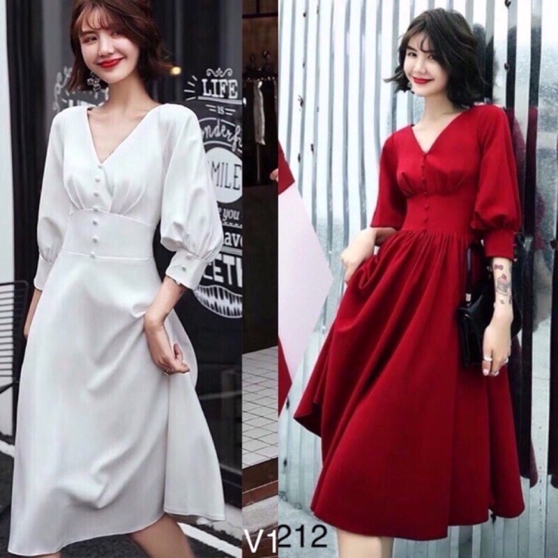 Váy cổ V tay bồng 2 màu đỏ trắng Thiết kế DVC