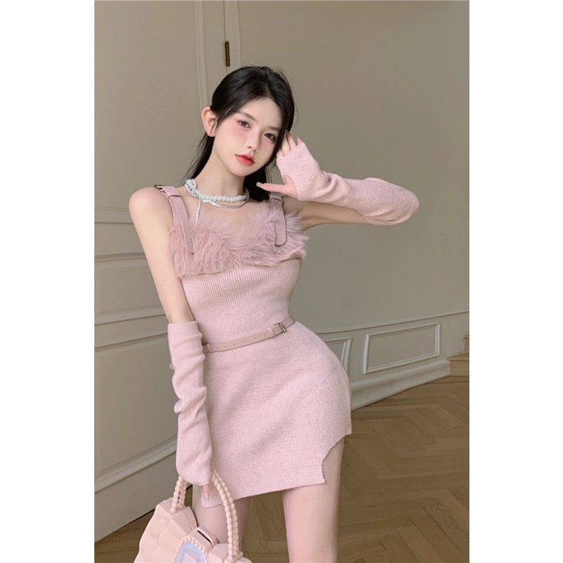 Đầm Dệt Kim Hai Dây Phối Lông Thời Trang Thu Đông 2022