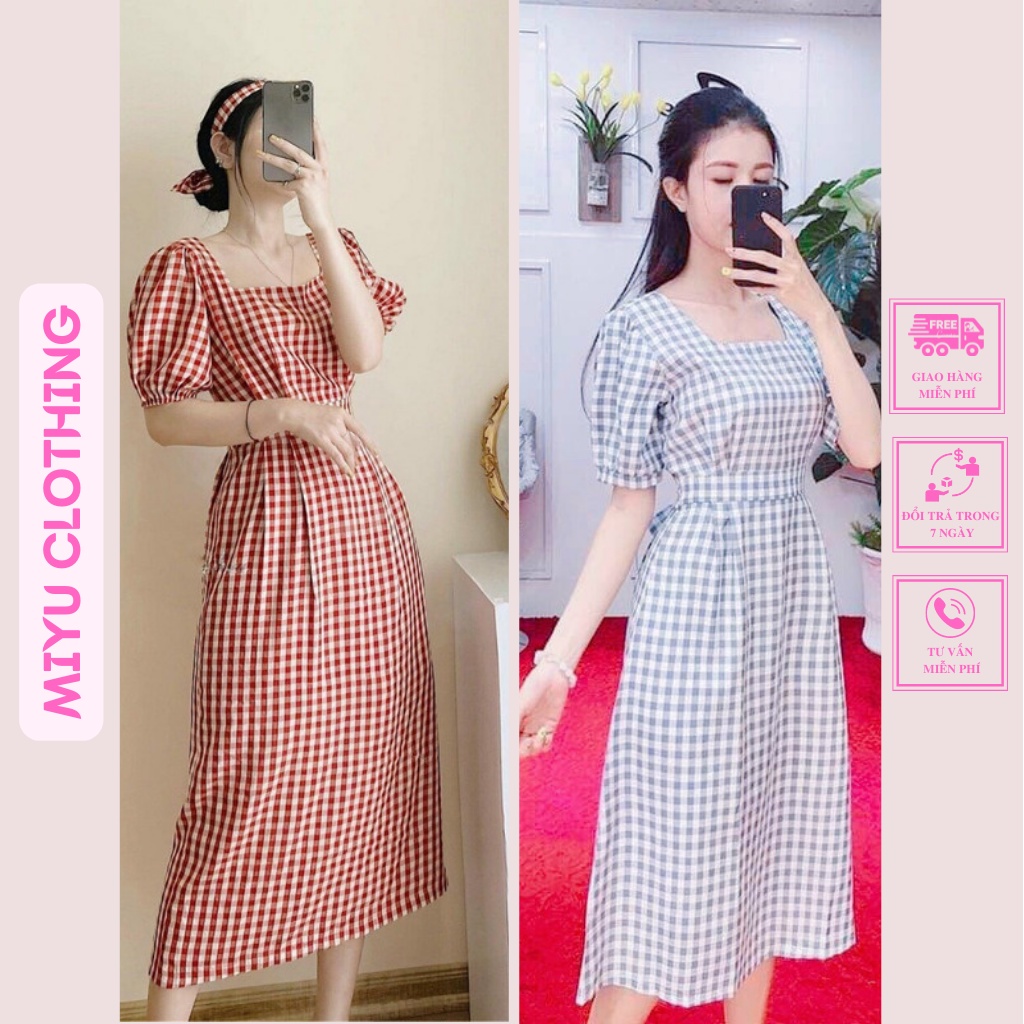 Đầm caro tay thun váy nữ đẹp thiết kế dáng dài xòe cổ vuông đai eo chất Mango phù hợp dự tiệc cưới đẹp MiyuClothing
