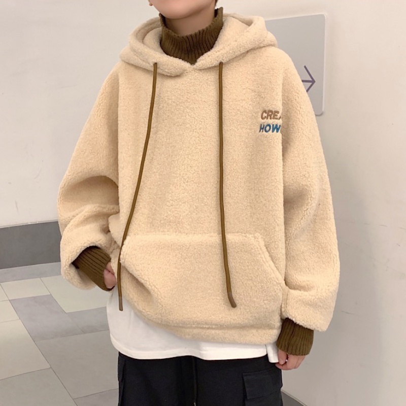 Áo Hoodie Len Lông Cừu Tay Dài Dáng Rộng In Chữ Kiểu Hàn Quốc Thời Trang Cho Nam