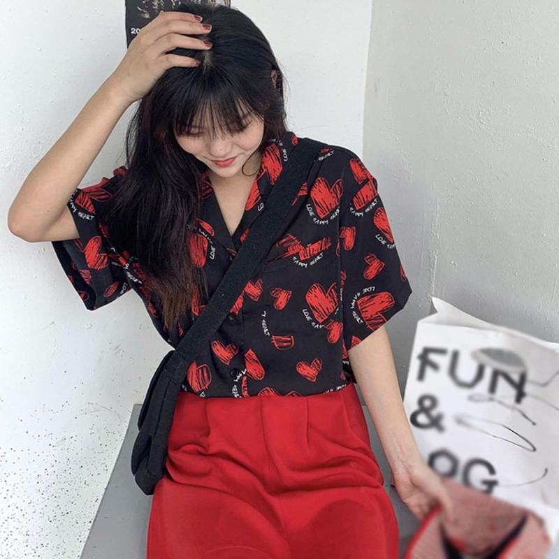 Áo Sơ Mi Voan Tay Ngắn Dáng Rộng In Hình Trái Tim Xinh Xắn Hợp Thời Trang