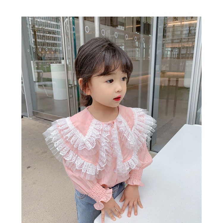 Áo Sơ Mi Trắng Tay Dài Cổ Búp Bê Dễ Thương Xinh Xắn Dành Cho Bé Gái