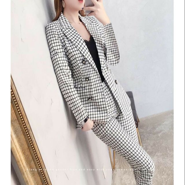 Hàng nhập - Set bộ vest nữ 6 nút, set vest blazer công sở caro kaki lụa