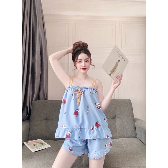 Set đồ bộ 2 dây mặc nhà chất kate lụa siêu mát freesize dưới 60 kí