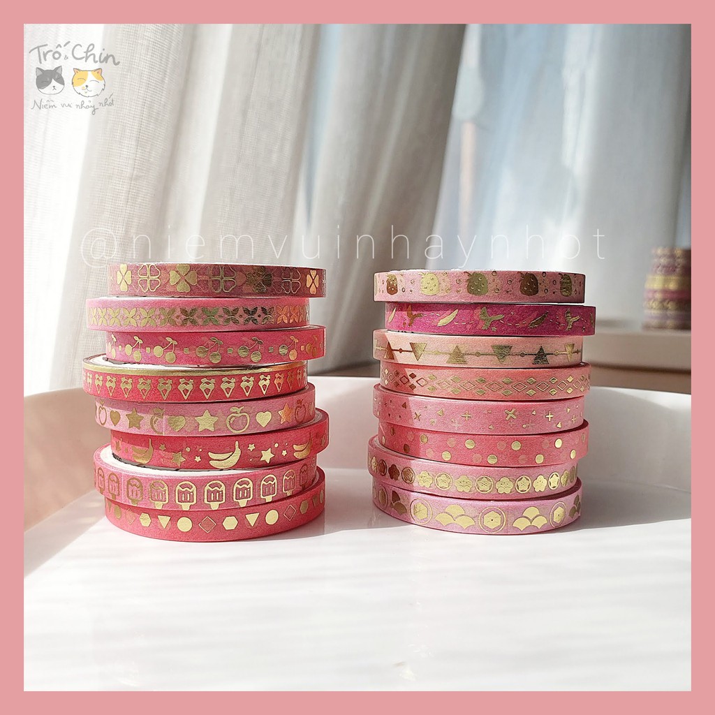 [HÀNG CÓ SẴN] [ẢNH THẬT] Washi tape nhũ ánh kim cực kì sắc nét HỒNG RỰC RỠ Gold Pink Washi tape (kích thước 5mm*2m)