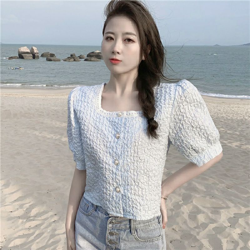 ÁO CỔ VUÔNG DÁNG NGẮN TAY BỒNG VẢI XỐP NỔI 2 MÀU HOT HIT