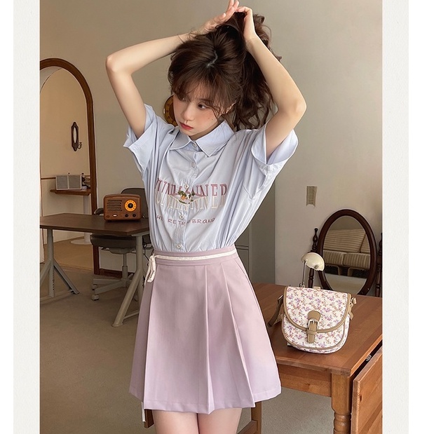 Áo Sơ Mi Nữ Ngắn Tay Thêu Họa Tiết Phong Cách retro