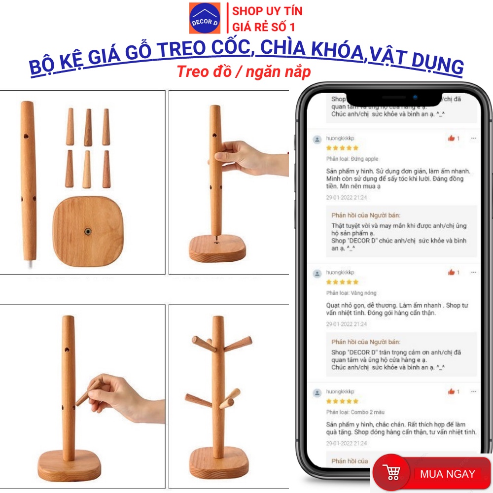 Giá treo đồ, Giá để cốc, Giá treo ly 6 móc bằng gỗ thông cao cấp trang trí Décor bển bỉ bảo hành mối mọt