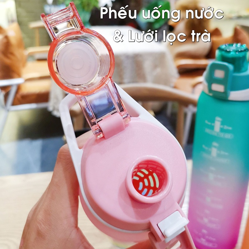 Bình Nước 1 Lít BN/03 Có Ống Hút &amp; Vạch Báo Giờ Uống Nước Cho Người Lười, Bình Đựng Nước Nhựa 1000ml Đẹp Dễ Thương