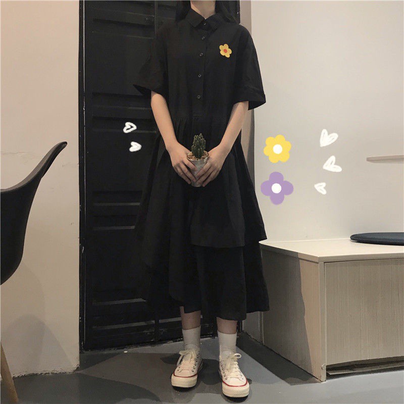 Đầm Tay Ngắn Dáng Rộng Màu Đen Thêu Họa Tiết Phong Cách Hàn Quốc Thời Trang Mùa Hè 2021