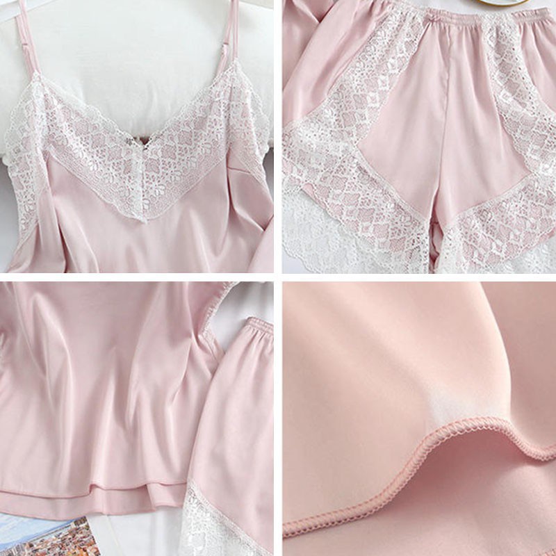 Set Đồ Ngủ Áo Hai Dây + Quần Ngắn Vải Lụa Satin Phối Ren Gợi Cảm Cho Nữ