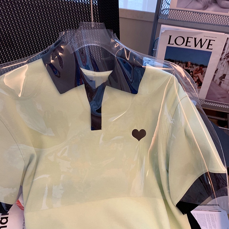 NRVP Áo thun nữ cổ bẻ ngắn tay dáng rộng in họa tiết phong cách Hàn Quốc