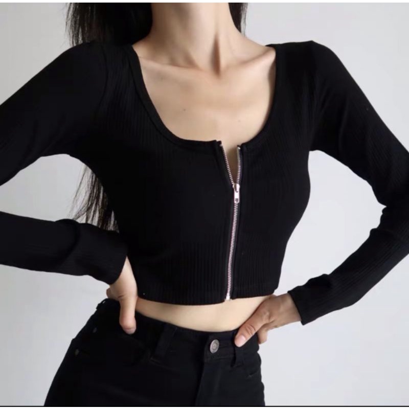 Áo croptop tay dài dây kéo thun gân - Crt dài tay dây kéo chất đẹp A4-00