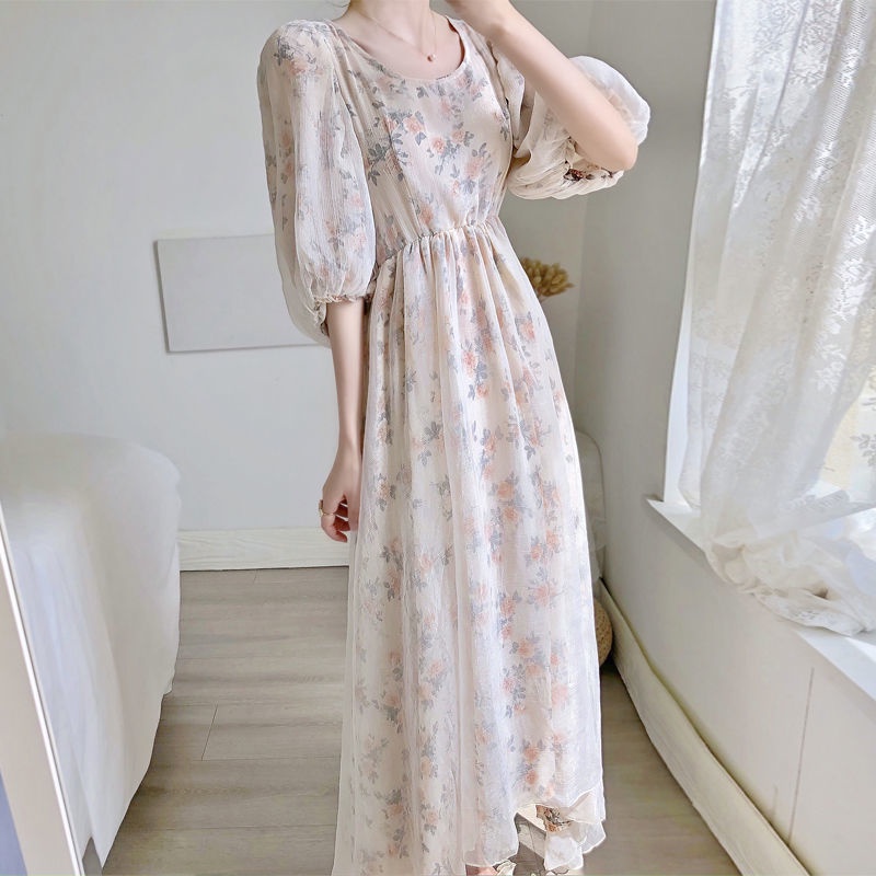 Đầm Voan Hoa Cổ Vuông Lưng Cao Dáng Dài Size S~3XL Thời Trang Retro Cho Nữ