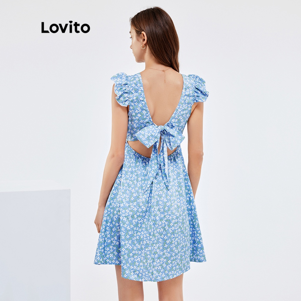 Đầm Lovito họa tiết hoa phối dây cột sau lưng nhẹ nhàng L25AD078 (Xanh lam)