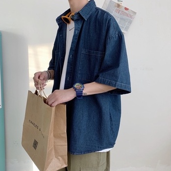 Áo sơ mi jean nam form rộng tay lỡ màu xanh đậm phong cách Hàn Quốc pon.mens