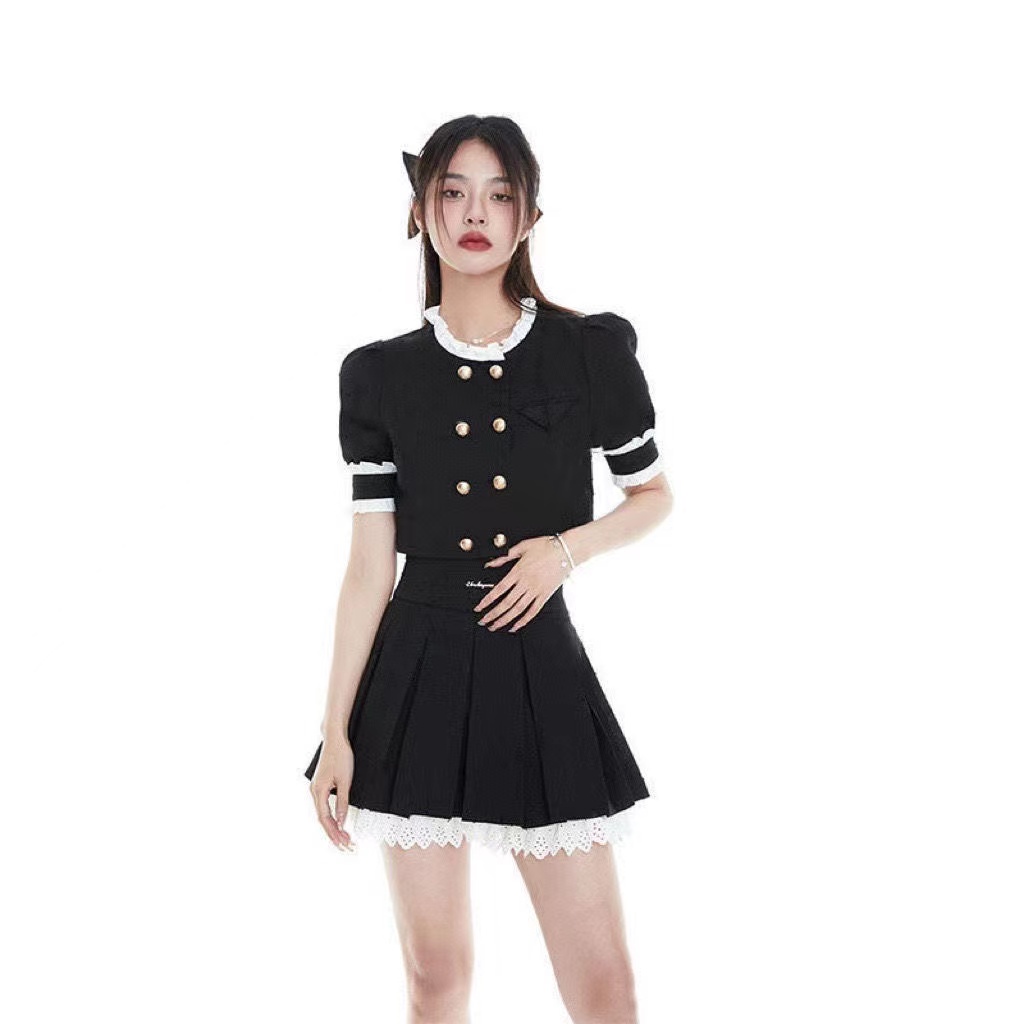 Cổ Phiếu Sẵn Sàng❣Ah F &amp; X Bộ Đồng Phục JK Váy Chữ a Xếp Ly Hai Lớp Màu Đen Thời Trang Mùa Hè Phong Cách Preppy